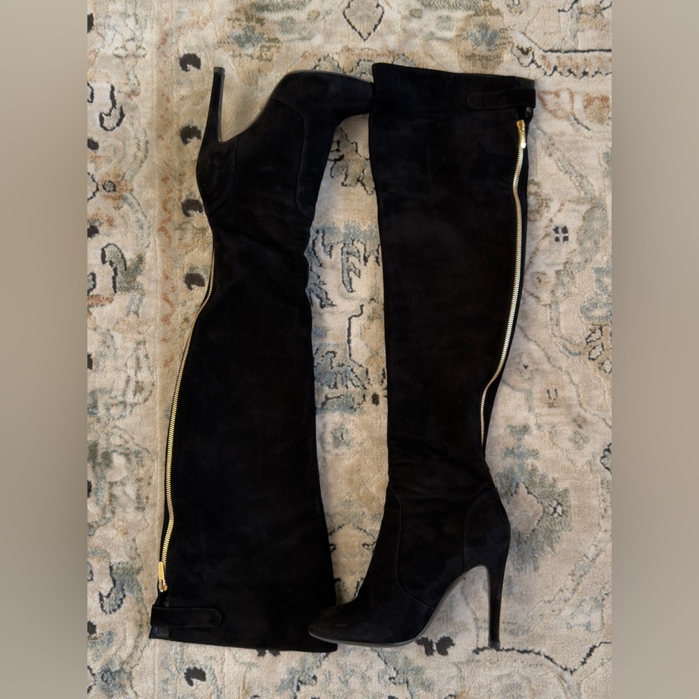 Sergio Rossi Black Suede Over-the-Knee Boots with Gold Side Zipper